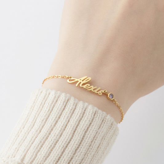 Brazalete Personalizado con Nombre en Cursiva y Piedra de Nacimiento